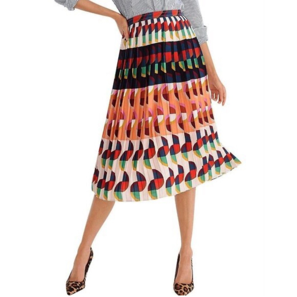 J.Crew Pleated A-Line Midi in Dark Sea Cerise Art Deco Print Skirt size 0 NWOT